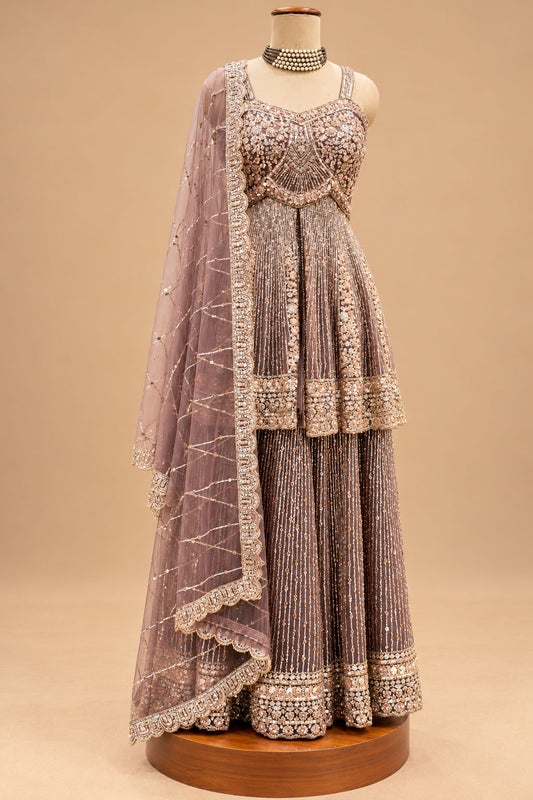 Premium Dusty Mauve Designer Sharara Set with Heavy Sequin Embroidery, Peplum Top and Net Dupatta