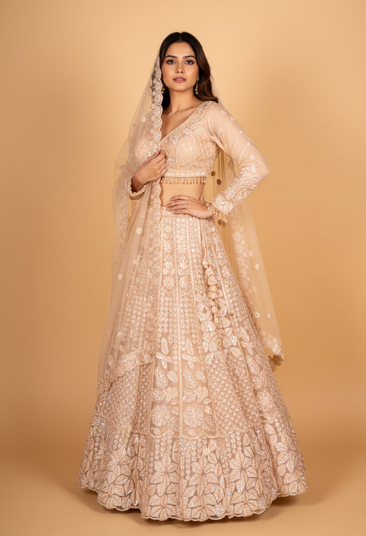Champagne Gold Embroidered Bridal Lehenga Choli with Sheer Dupatta