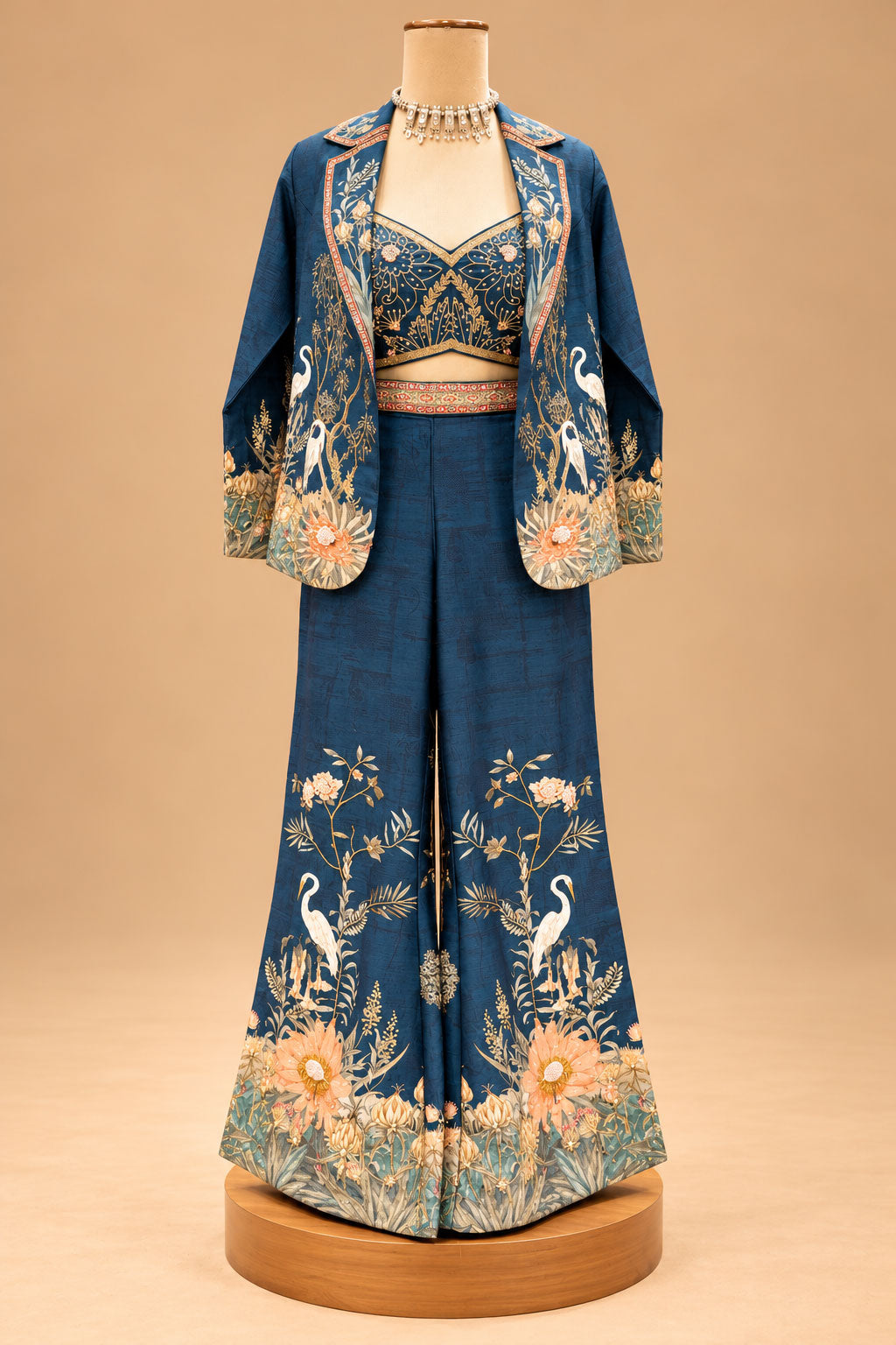 Premium Teal Blue Floral Printed Indo-Western Palazzo Set with Designer Crop Top and Jacket for Women