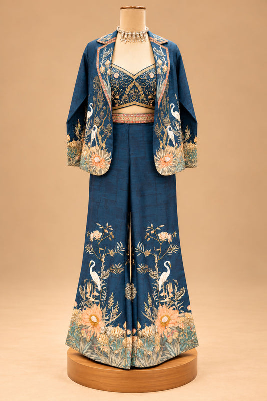 Premium Teal Blue Floral Printed Indo-Western Palazzo Set with Designer Crop Top and Jacket for Women