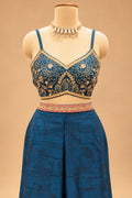 Premium Teal Blue Floral Printed Indo-Western Palazzo Set with Designer Crop Top and Jacket for Women