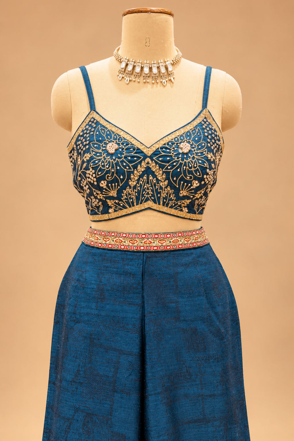 Premium Teal Blue Floral Printed Indo-Western Palazzo Set with Designer Crop Top and Jacket for Women
