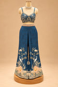Premium Teal Blue Floral Printed Indo-Western Palazzo Set with Designer Crop Top and Jacket for Women