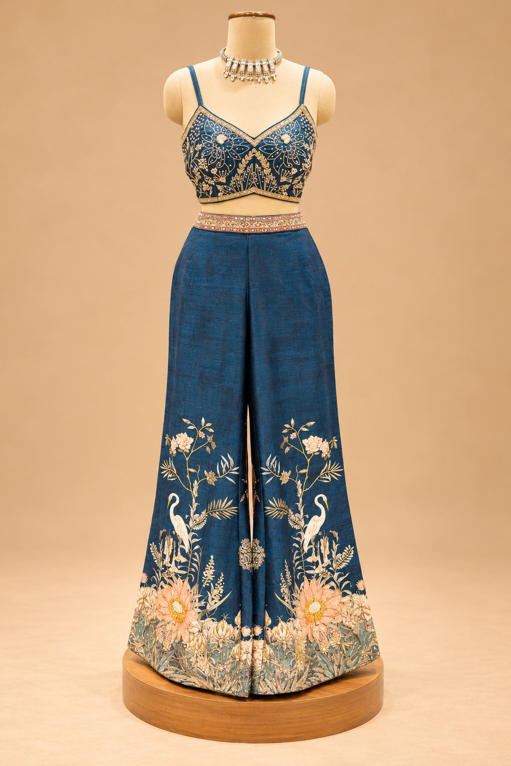 Premium Teal Blue Floral Printed Indo-Western Palazzo Set with Designer Crop Top and Jacket for Women