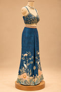 Premium Teal Blue Floral Printed Indo-Western Palazzo Set with Designer Crop Top and Jacket for Women