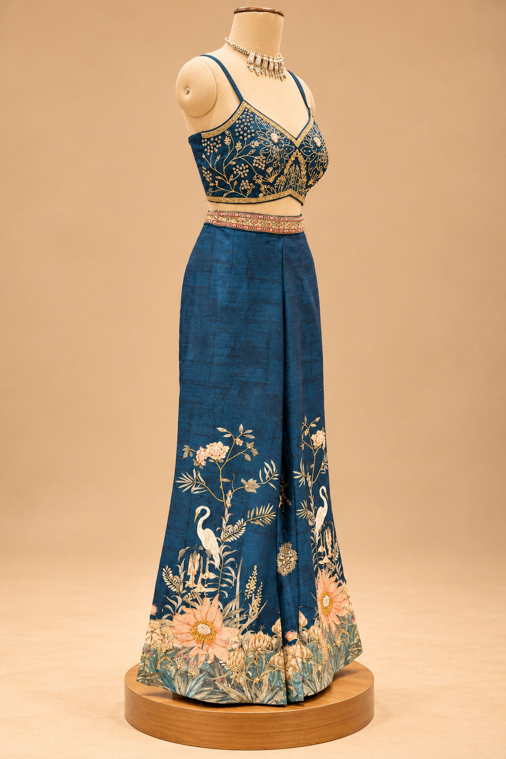 Premium Teal Blue Floral Printed Indo-Western Palazzo Set with Designer Crop Top and Jacket for Women