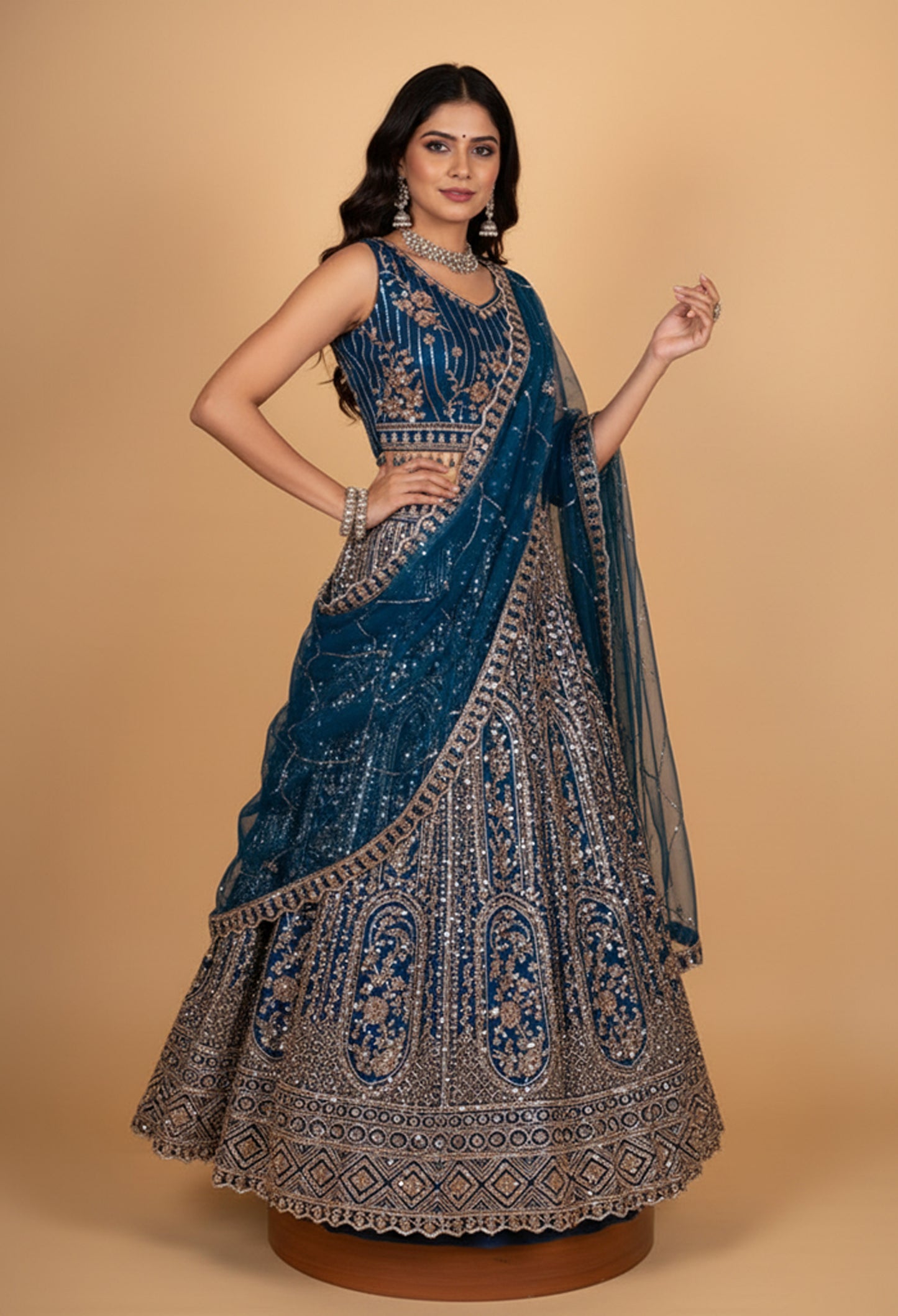 Teal Blue Heavy Embroidered Designer Lehenga Choli with Net Dupatta