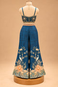 Premium Teal Blue Floral Printed Indo-Western Palazzo Set with Designer Crop Top and Jacket for Women