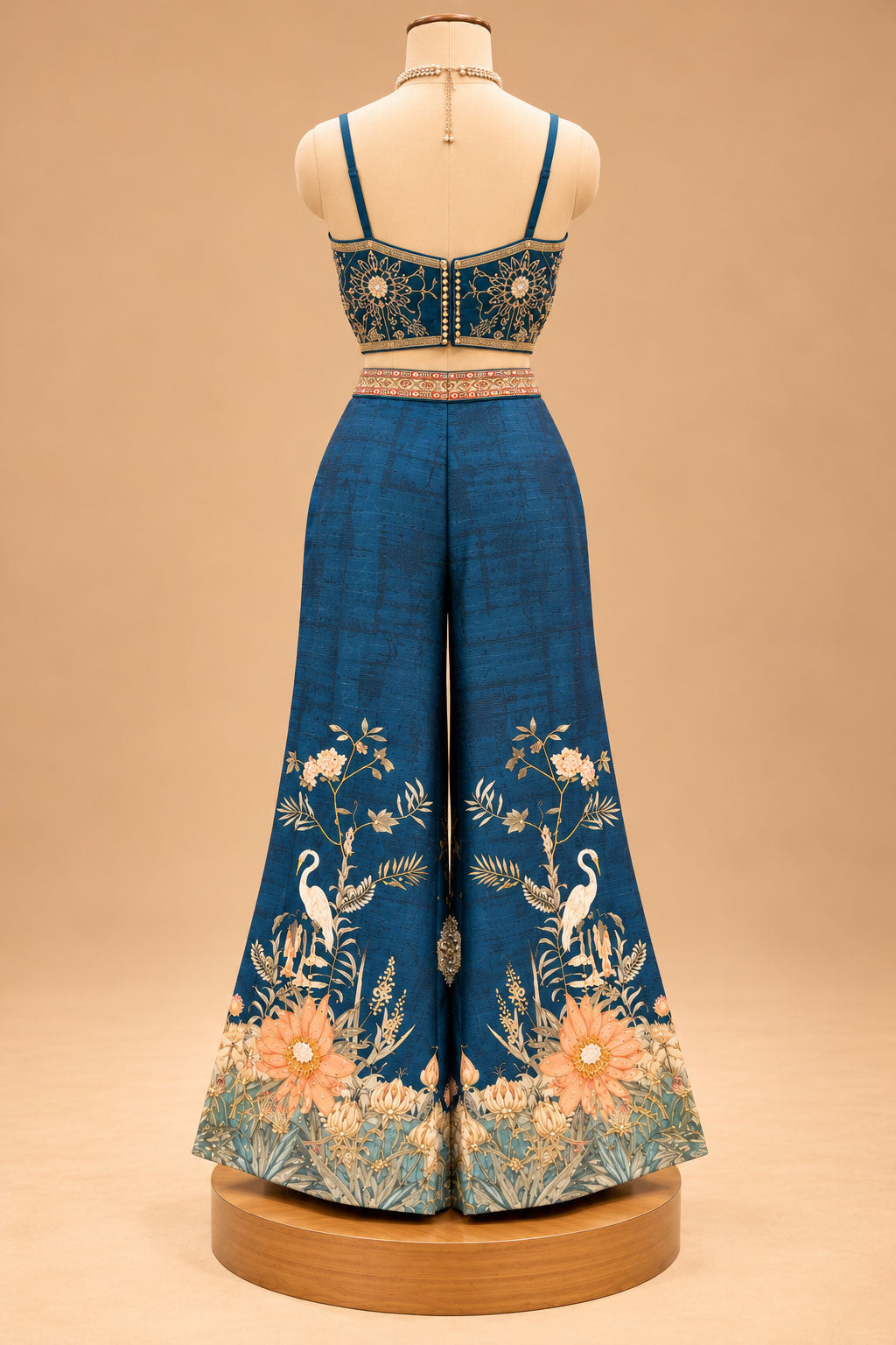 Premium Teal Blue Floral Printed Indo-Western Palazzo Set with Designer Crop Top and Jacket for Women
