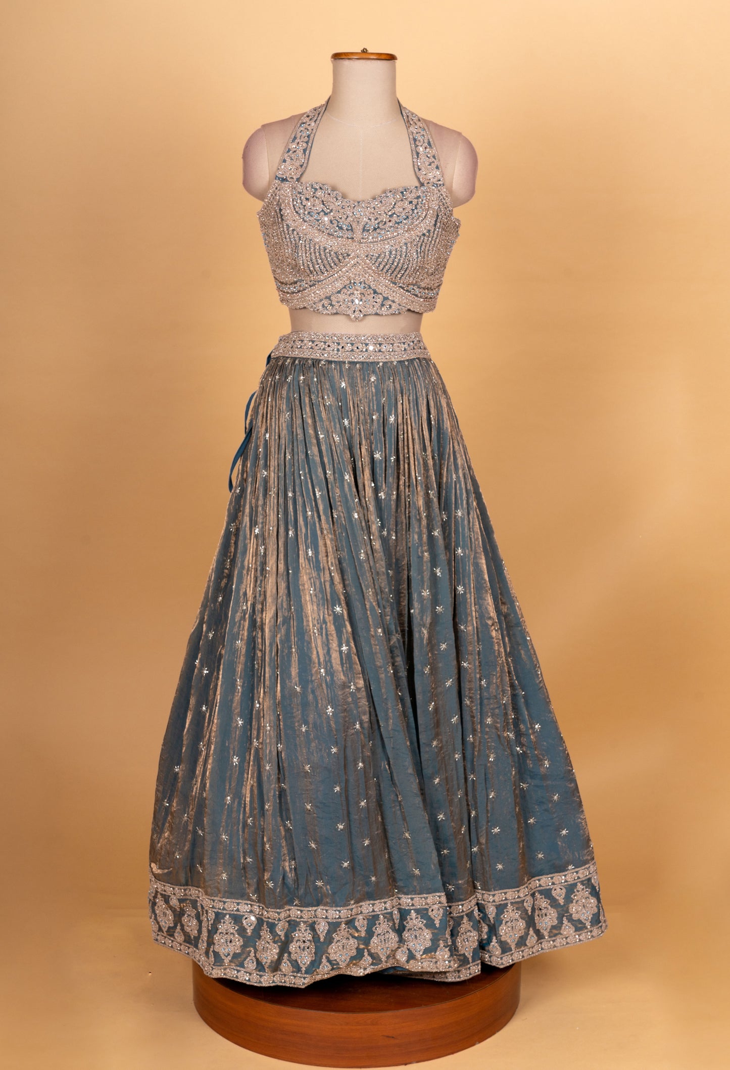 Steel Blue Embroidered Designer Lehenga Choli with Sheer Dupatta