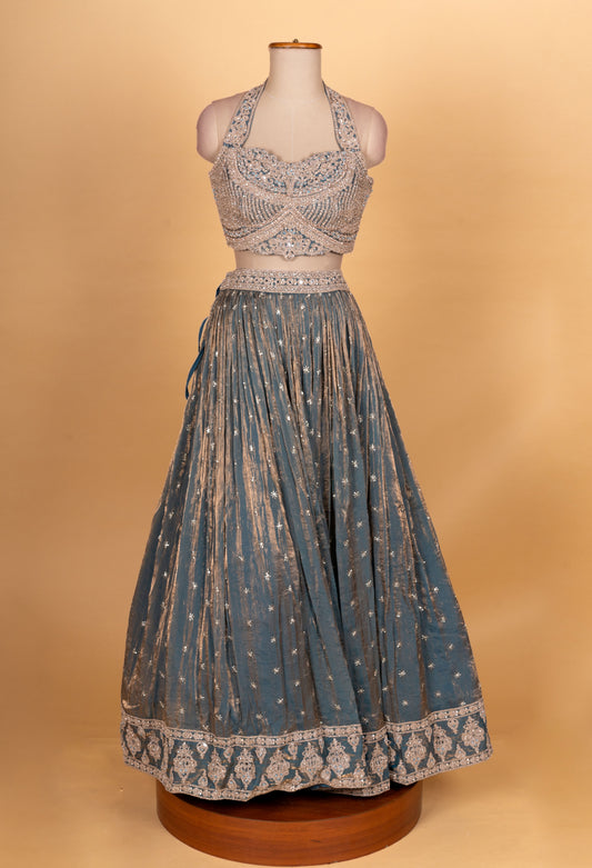 Steel blue embroidered designer lehenga choli with sheer dupatta – product image 2