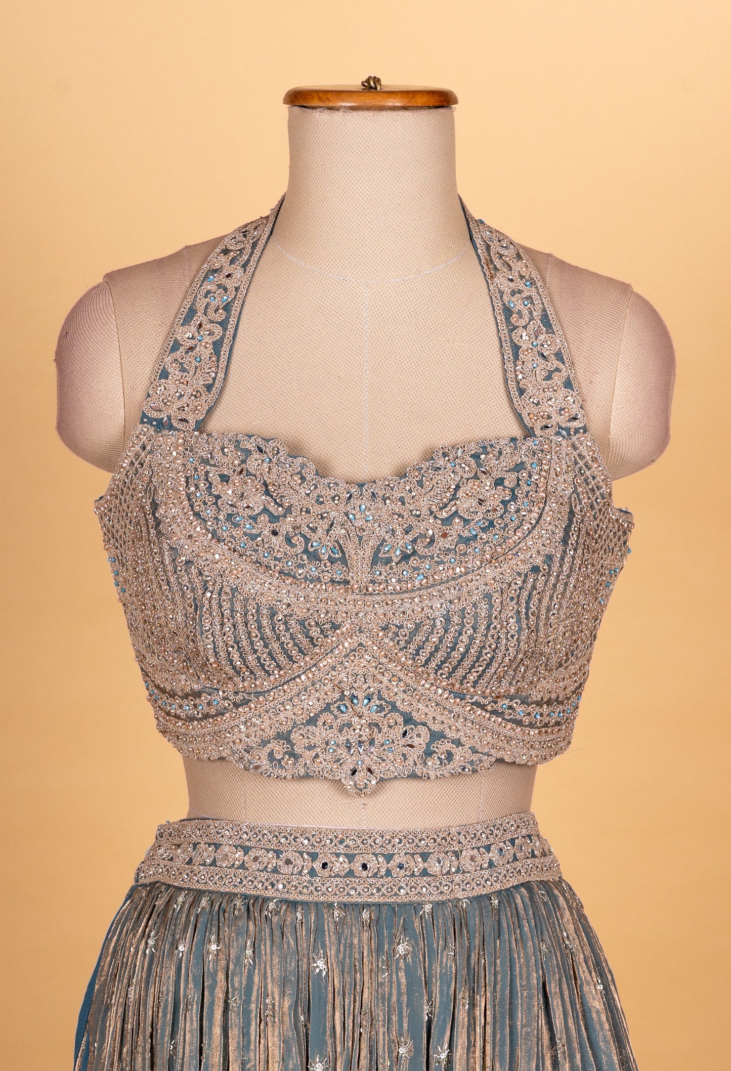 Steel Blue Embroidered Designer Lehenga Choli with Sheer Dupatta