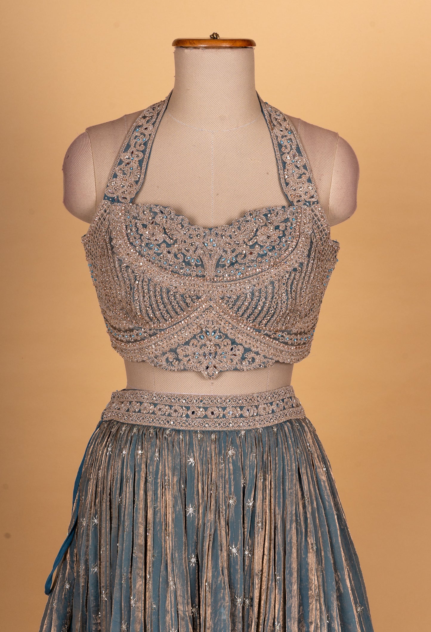 Steel Blue Embroidered Designer Lehenga Choli with Sheer Dupatta