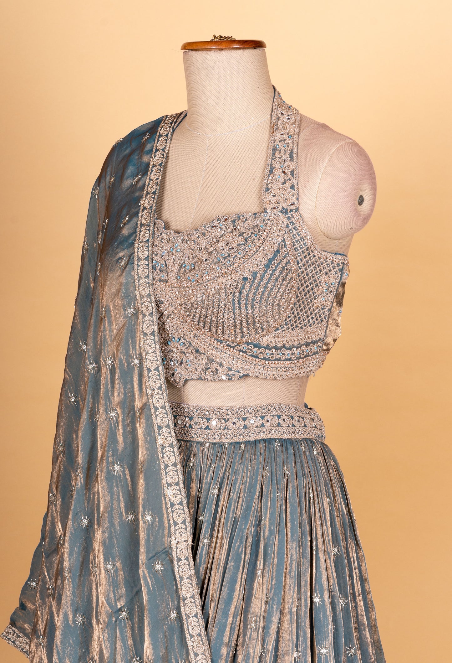 Steel Blue Embroidered Designer Lehenga Choli with Sheer Dupatta