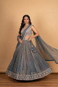 Steel Blue Embroidered Designer Lehenga Choli with Sheer Dupatta