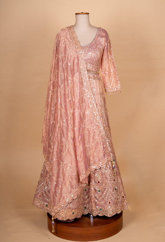 Blush pink heavy embroidered designer lehenga choli with net dupatta – product image 2