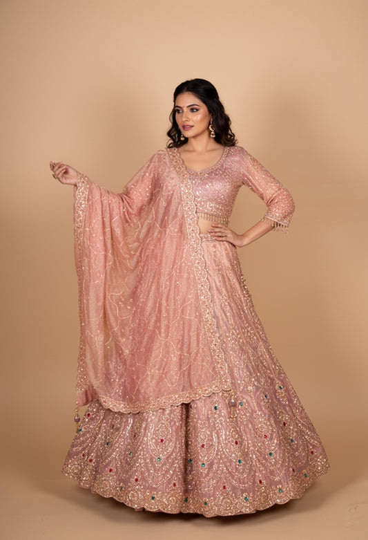 Blush Pink Heavy Embroidered Designer Lehenga Choli with Sequin Net Dupatta