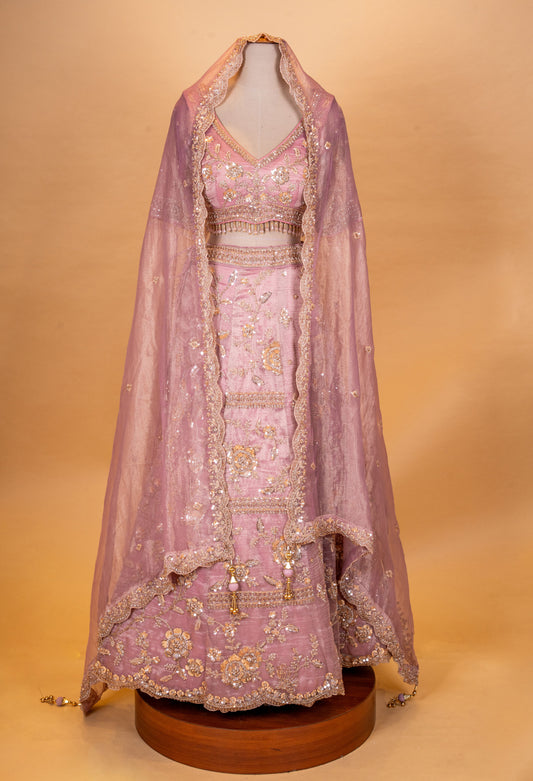 Dusty rose heavy embroidered designer lehenga choli with net dupatta – product image 2