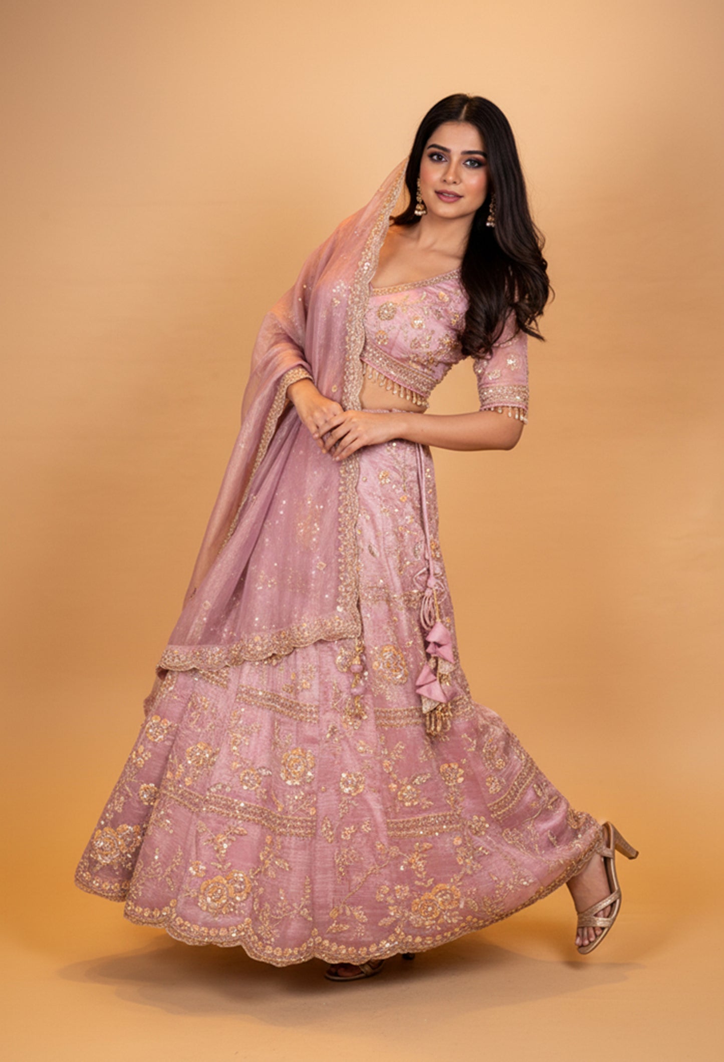 Dusty Rose Heavy Embroidered Designer Lehenga Choli with Net Dupatta