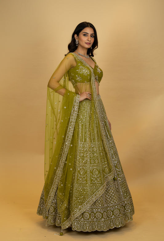 Olive Green Designer Embroidered Lehenga Choli with Net Dupatta