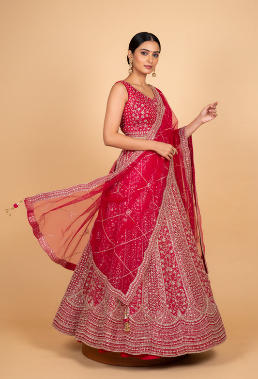 Red Bridal Lehenga Choli for Women with Heavy Embroidery & Net Dupatta – Wedding Designer Lehenga