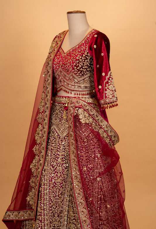 Bridal maroon and gold heavy embroidered lehenga choli with dupatta – product image 2