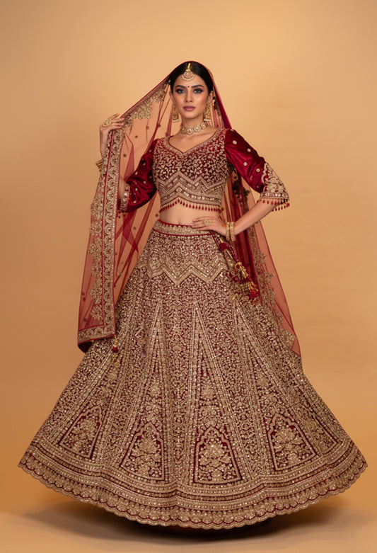 Bridal Maroon & Gold Heavy Embroidered Lehenga Choli with Net Dupatta