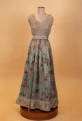Sage Green Floral Printed Lehenga Set with Embroidered Blouse & Net Dupatta