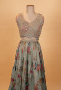 Sage Green Floral Printed Lehenga Set with Embroidered Blouse & Net Dupatta