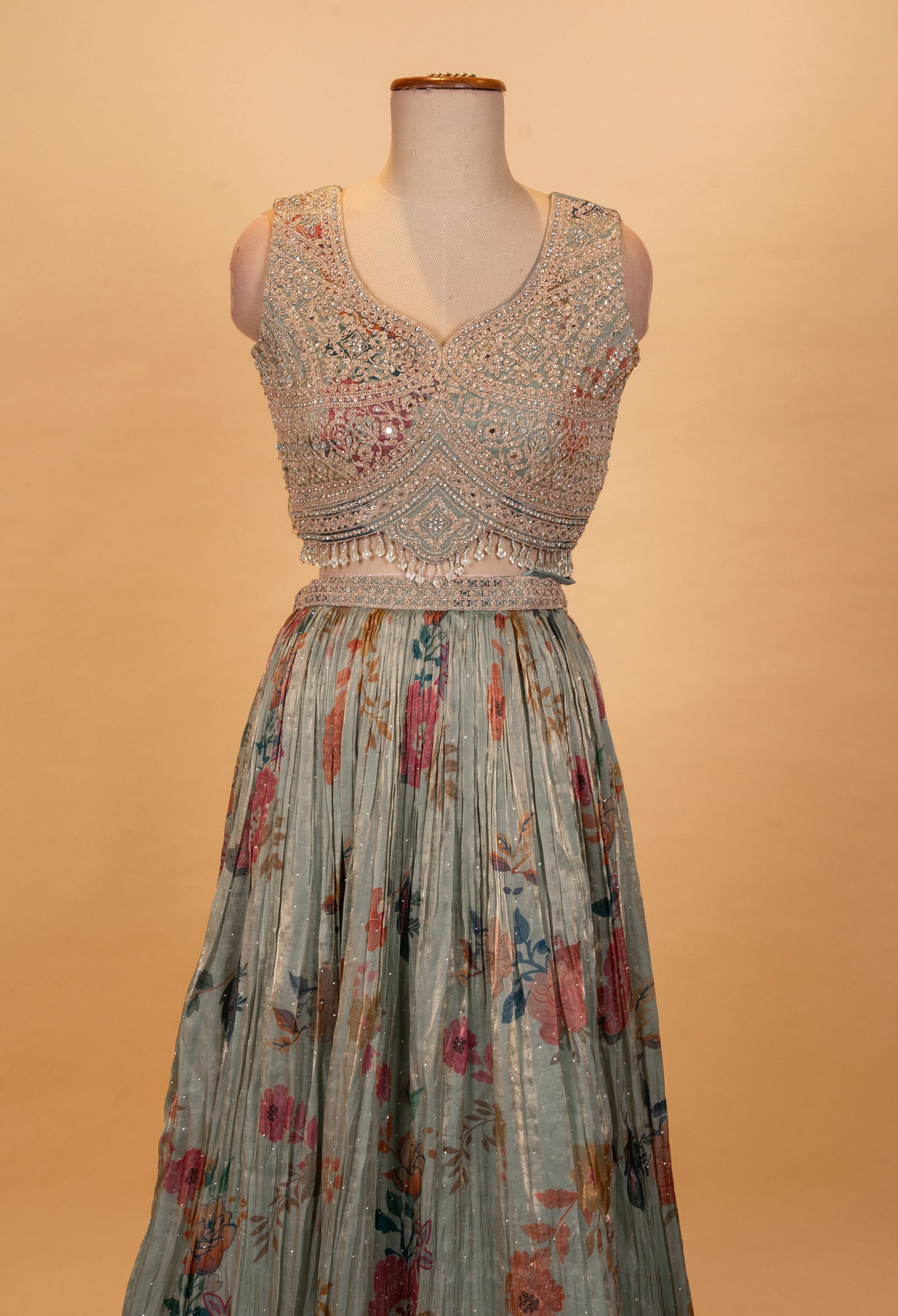 Sage Green Floral Printed Lehenga Set with Embroidered Blouse & Net Dupatta