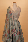 Sage Green Floral Printed Lehenga Set with Embroidered Blouse & Net Dupatta