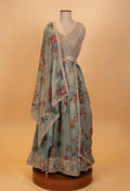 Sage Green Floral Printed Lehenga Set with Embroidered Blouse & Net Dupatta
