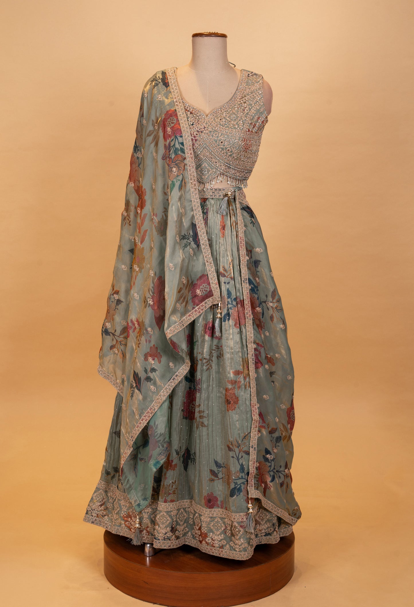Sage Green Floral Printed Lehenga Set with Embroidered Blouse & Net Dupatta