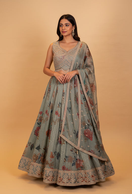 Sage Green Floral Printed Lehenga Set with Embroidered Blouse & Net Dupatta
