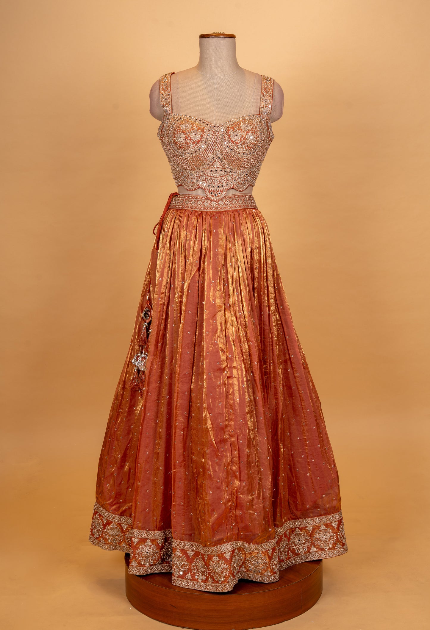 Burnt Orange Metallic Designer Lehenga Choli with Embroidered Dupatta