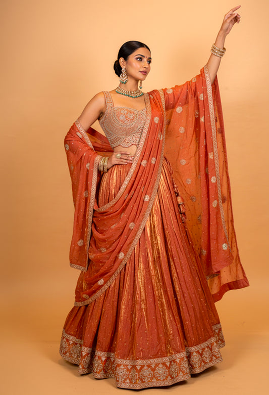 Burnt Orange Metallic Designer Lehenga Choli with Embroidered Dupatta