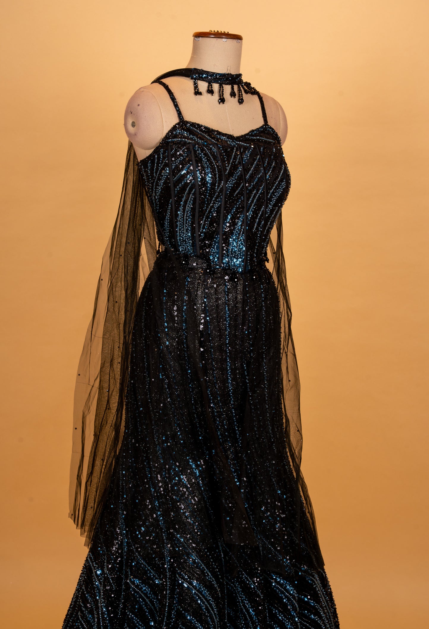 Black Sequin Evening Gown for Women with Sheer Net Cape – Designer Party Wear Dress