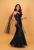 Black Sequin Evening Gown for Women with Sheer Net Cape – Designer Party Wear Dress