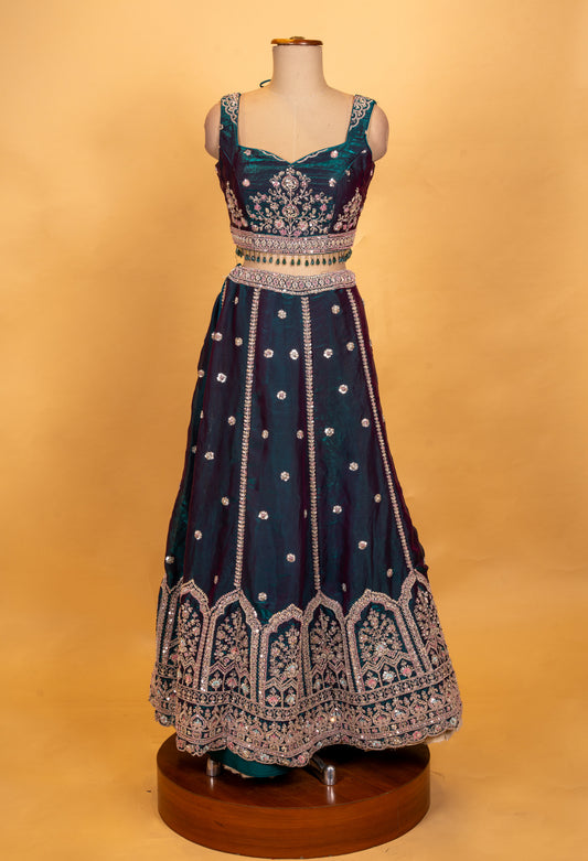Emerald green designer lehenga choli with silver embroidery – product image 2