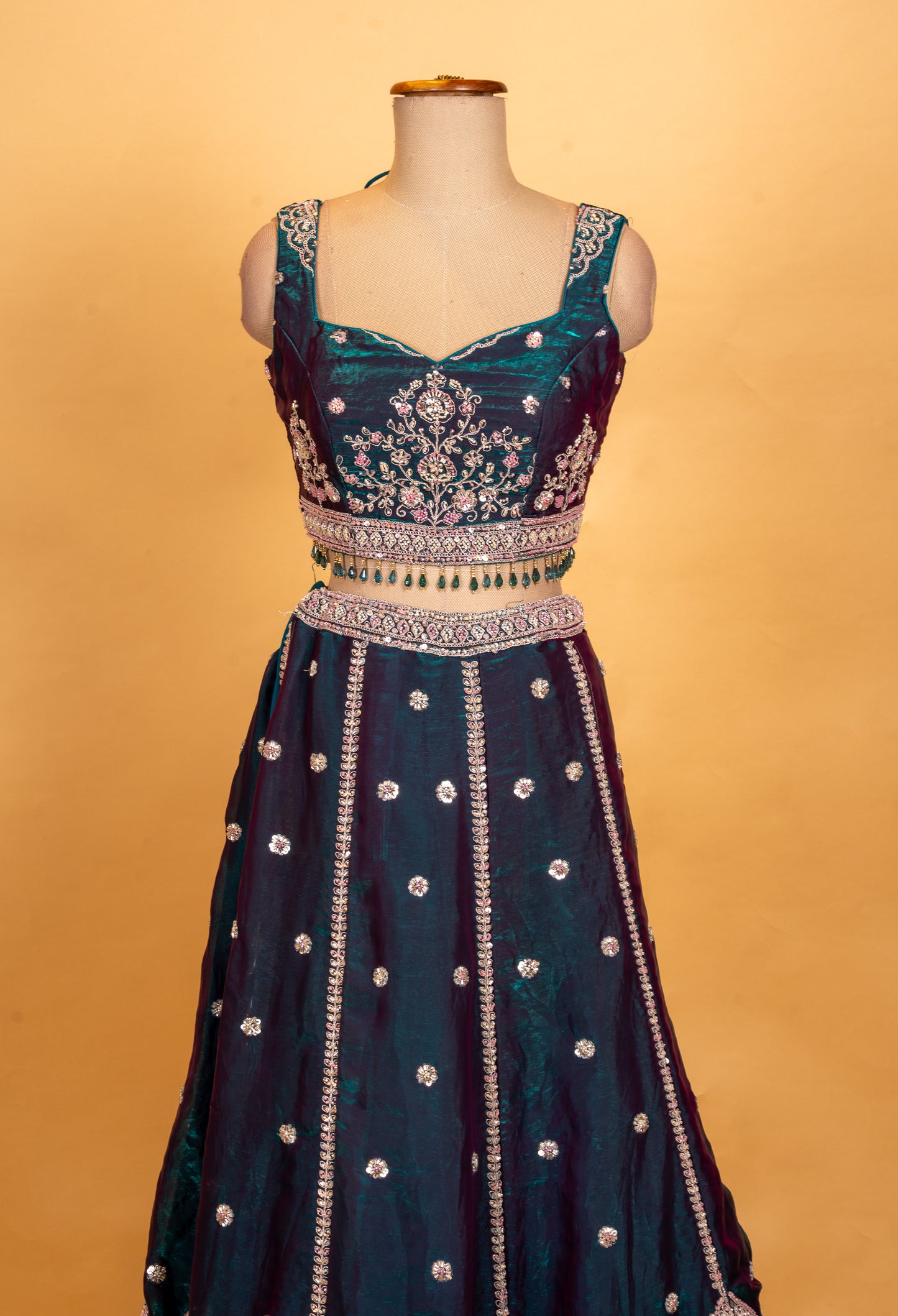 Emerald Green Designer Lehenga Choli with Silver Embroidery & Sheer Dupatta