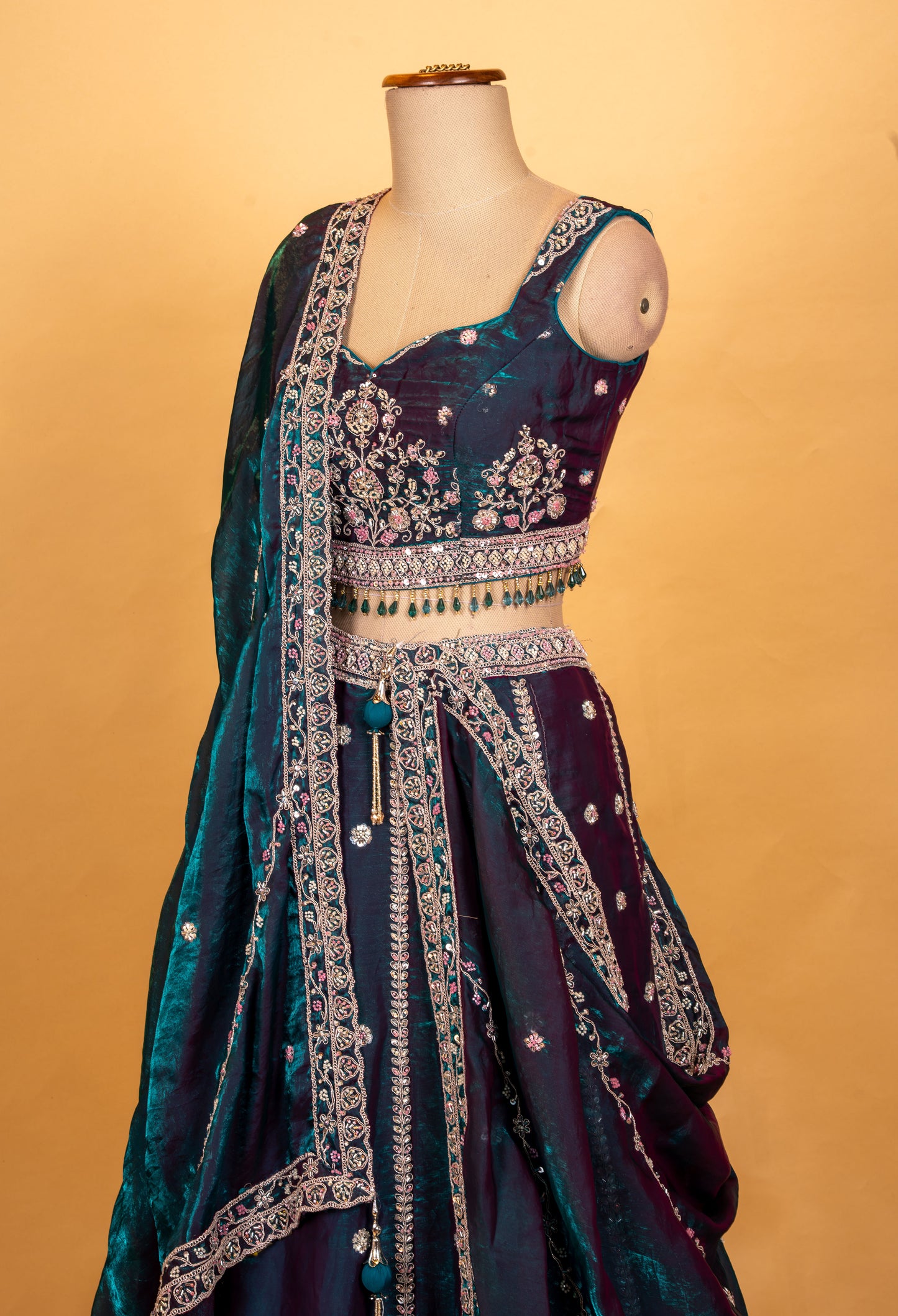 Emerald Green Designer Lehenga Choli with Silver Embroidery & Sheer Dupatta