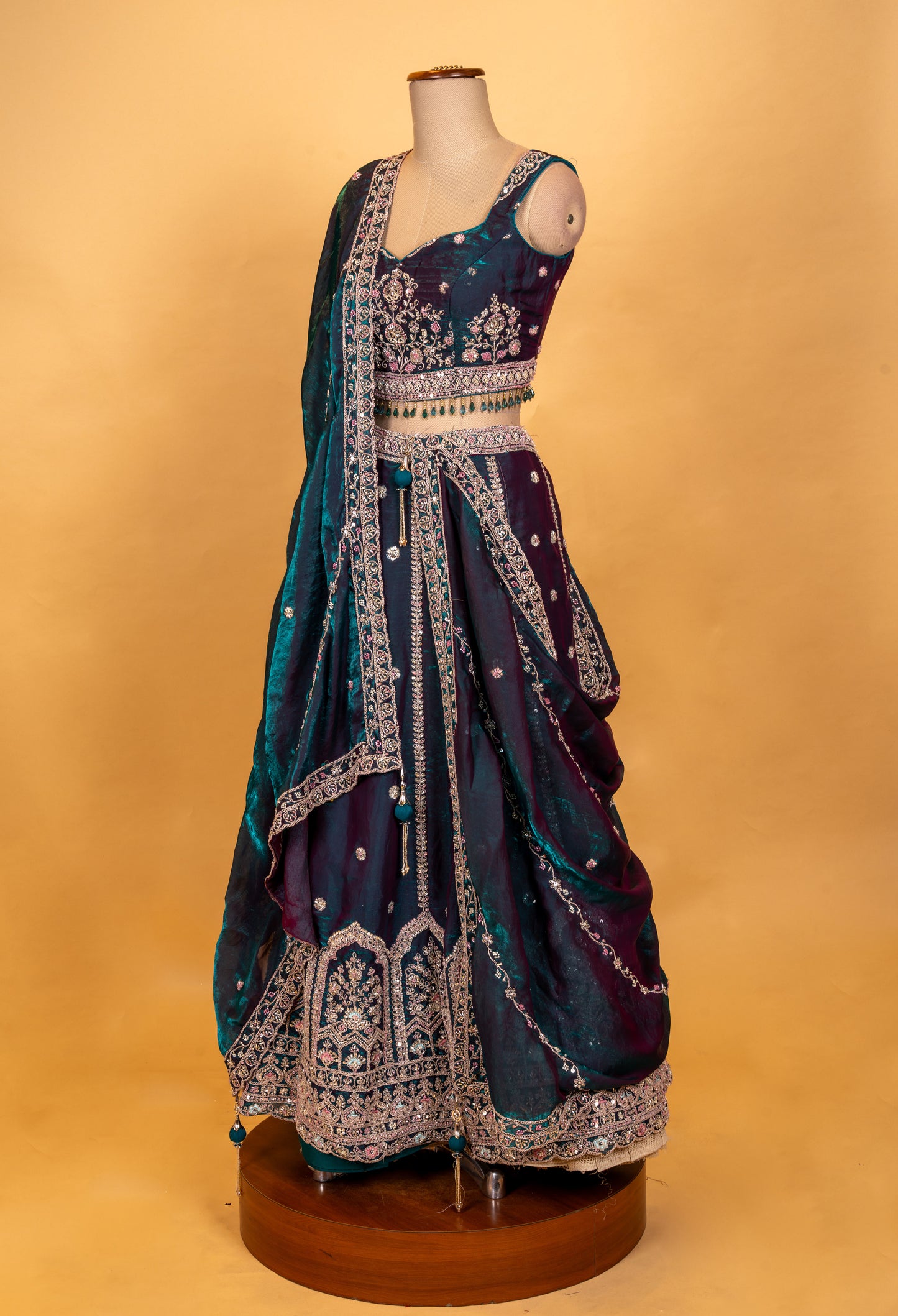 Emerald Green Designer Lehenga Choli with Silver Embroidery & Sheer Dupatta