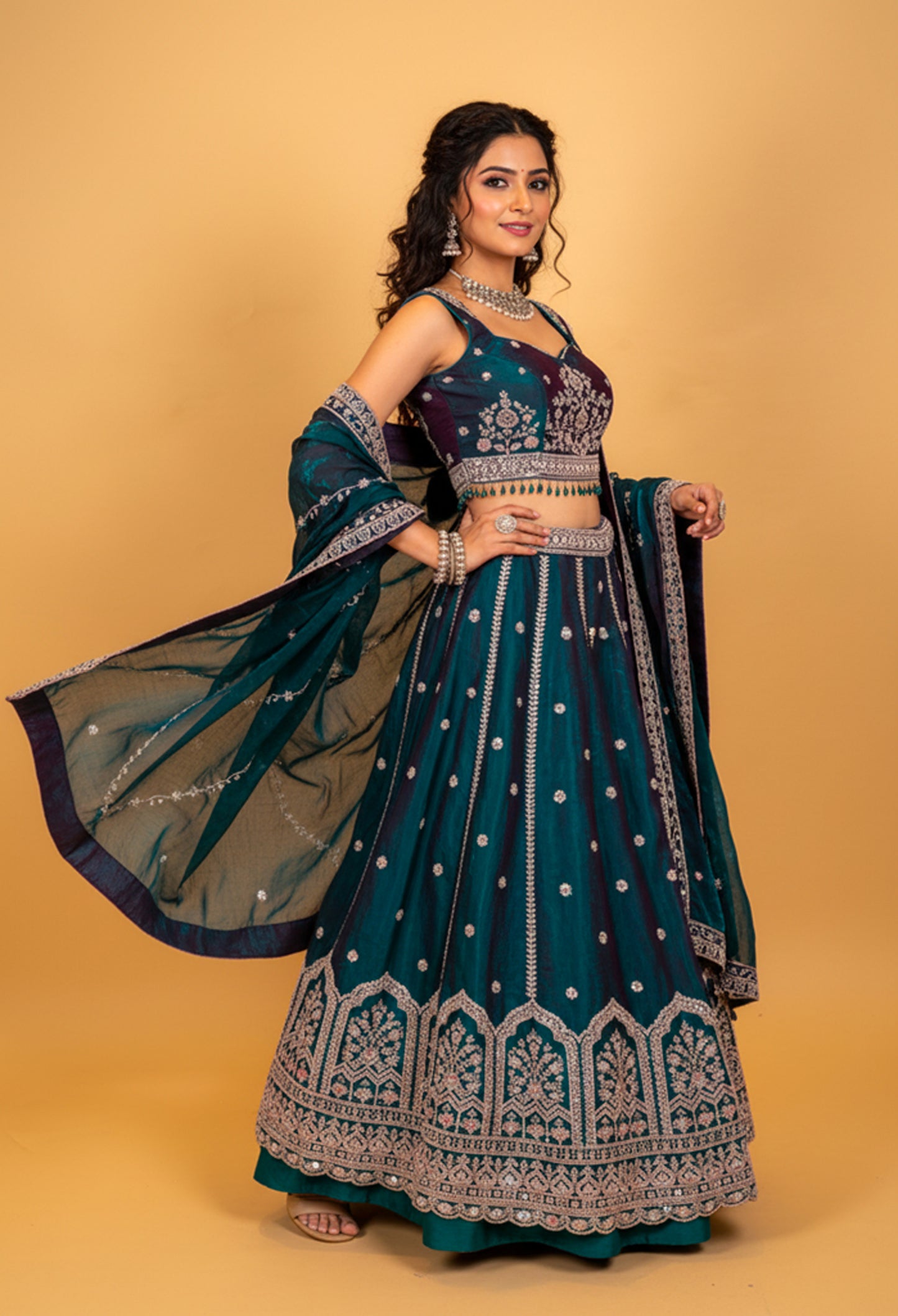 Emerald Green Designer Lehenga Choli with Silver Embroidery & Sheer Dupatta