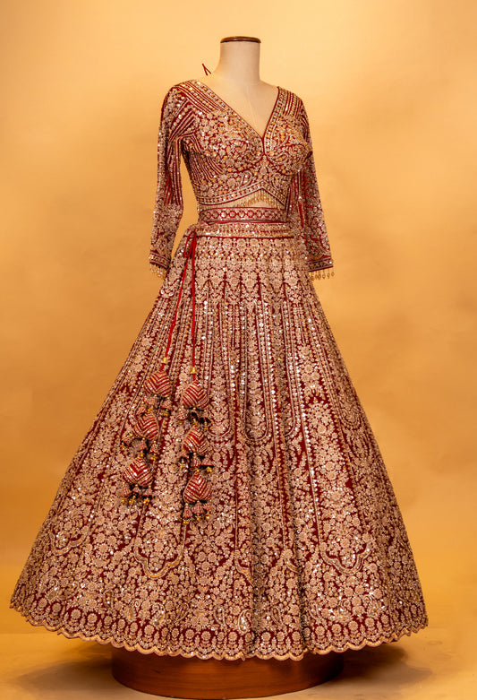 Royal red heavy embroidered bridal lehenga with net dupatta – product image 2