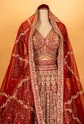 Royal Red Heavy Embroidered Bridal Lehenga with Full Sleeve Blouse & Net Dupatta