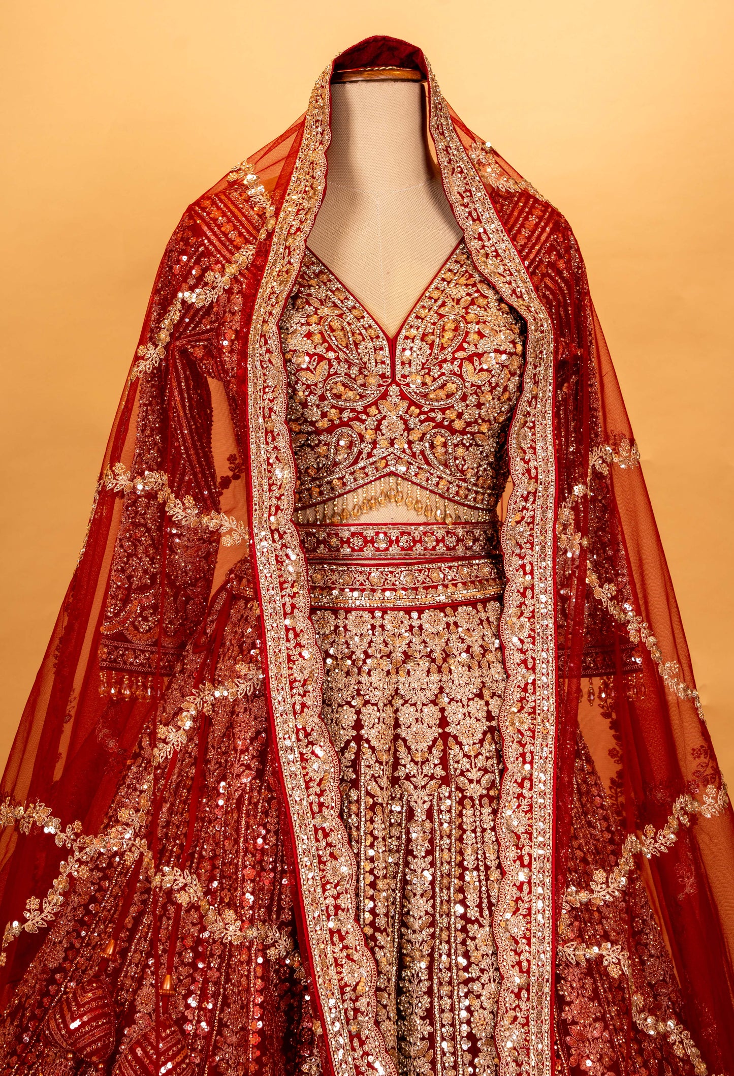 Royal Red Heavy Embroidered Bridal Lehenga with Full Sleeve Blouse & Net Dupatta