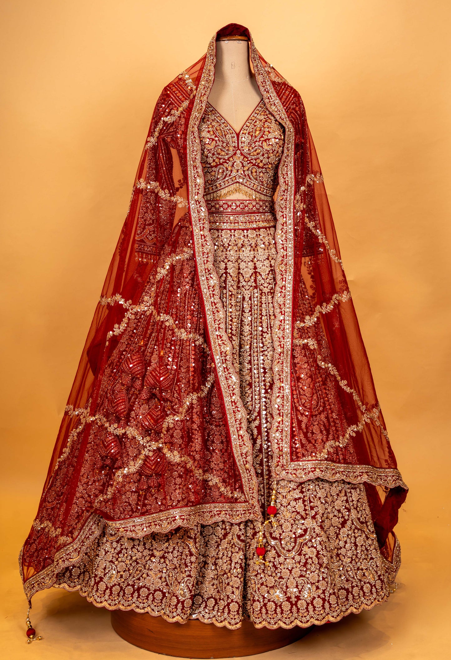 Royal Red Heavy Embroidered Bridal Lehenga with Full Sleeve Blouse & Net Dupatta