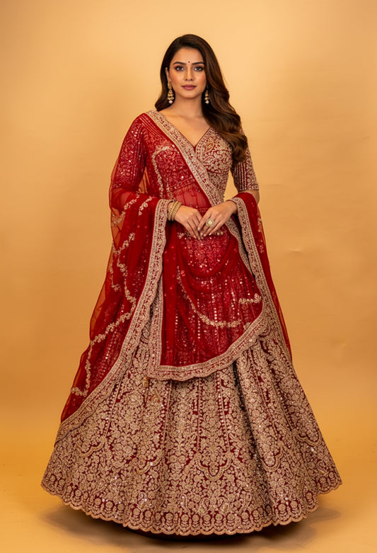 Royal Red Heavy Embroidered Bridal Lehenga with Full Sleeve Blouse & Net Dupatta