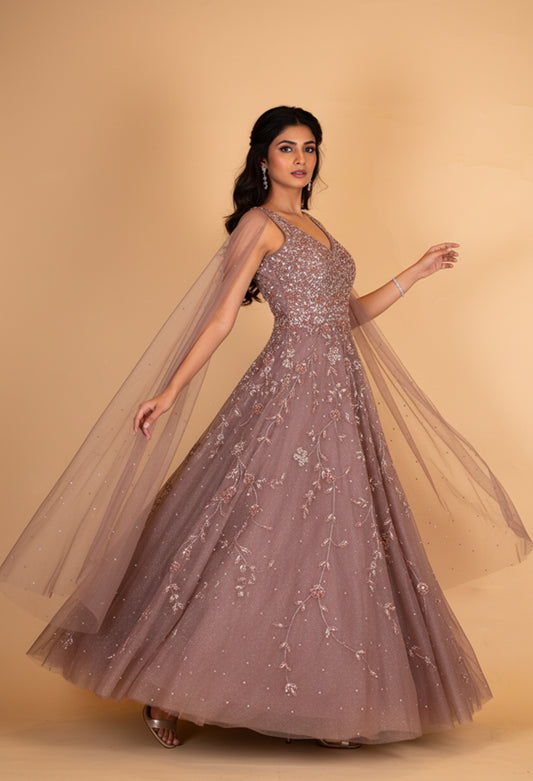 Dusty Rose Embroidered Net Evening Gown with Cape Sleeves
