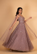 Dusty Rose Embroidered Net Evening Gown with Cape Sleeves